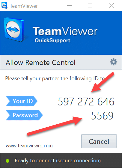 Fenêtre TeamViewer QuickSupport avec ID et mot de passe
