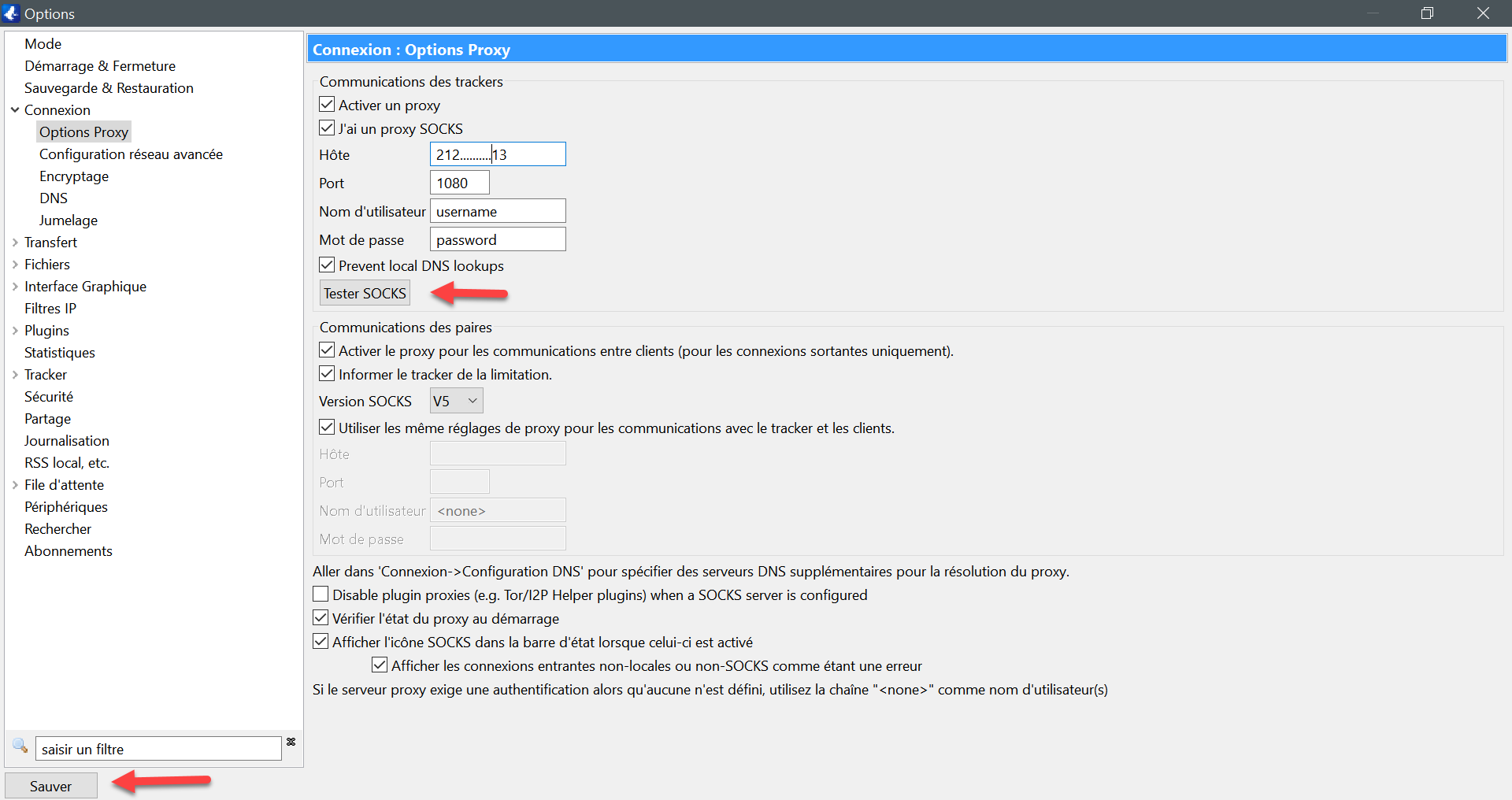 Options proxy de Vuze avec SOCKS5 monVPN configuré