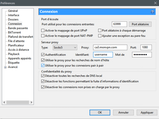 Fenêtre préférences Connexion d'uTorrent avec le proxy SOCKS5 configuré