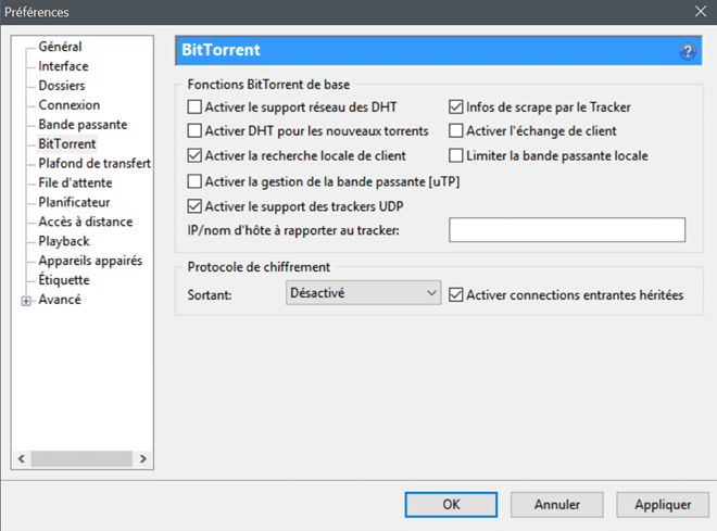 Préférences BitTorrent d'uTorrent avec DHT et PEX désactivés