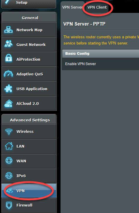 Menu VPN Client sur ASUSWRT
