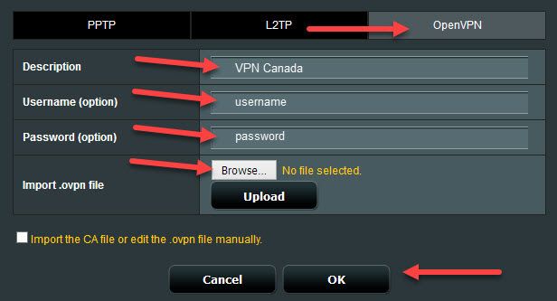 Configurer le profil OpenVPN avec identifiants et .ovpn