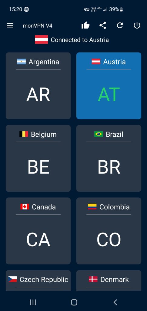 Liste des serveurs VPN dans l'application monVPN v4 pour Android