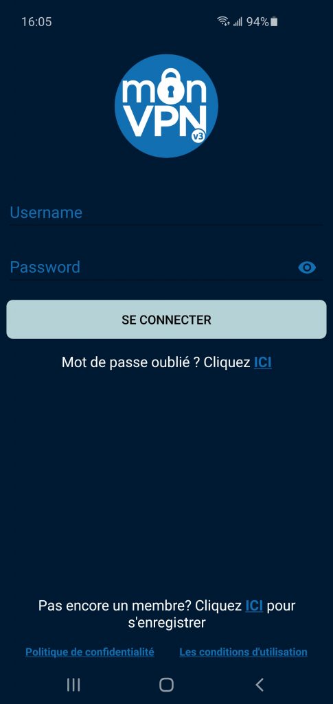 Écran de connexion de l'application VPN monVPN v4 sur Android