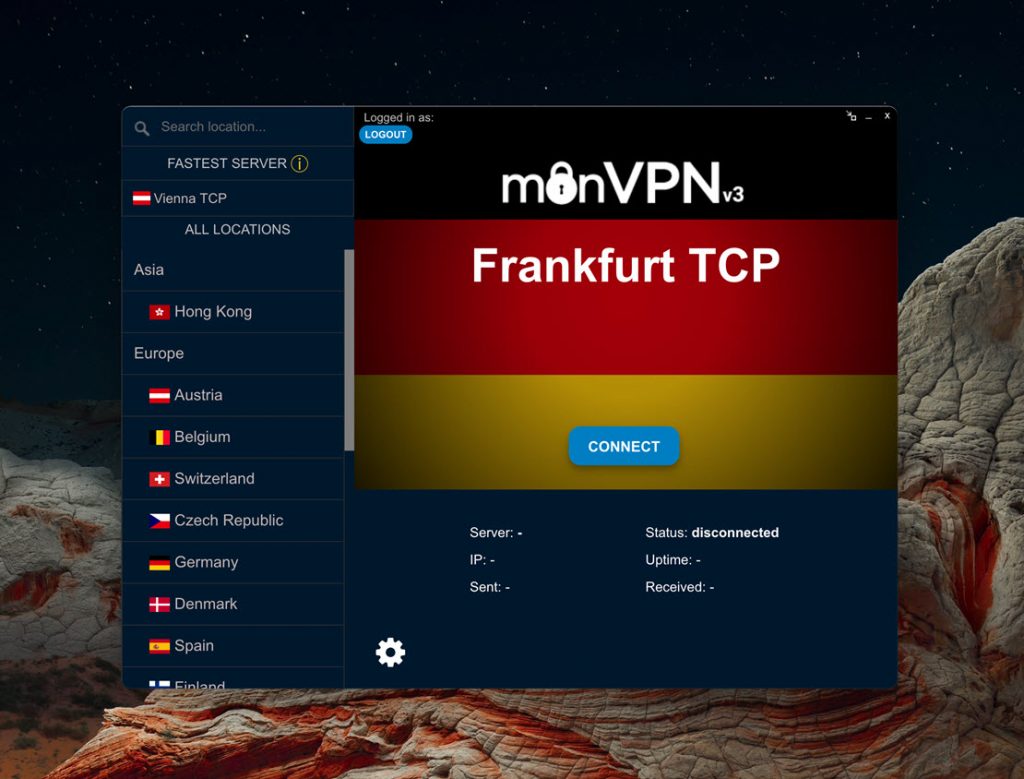 Le client VPN monVPN v3 sur Mac OS, sélection du pays et bouton de connexion