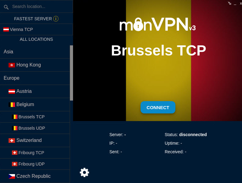 Capture du client monVPN v3 sur Windows : sélection du pays et bouton de connexion