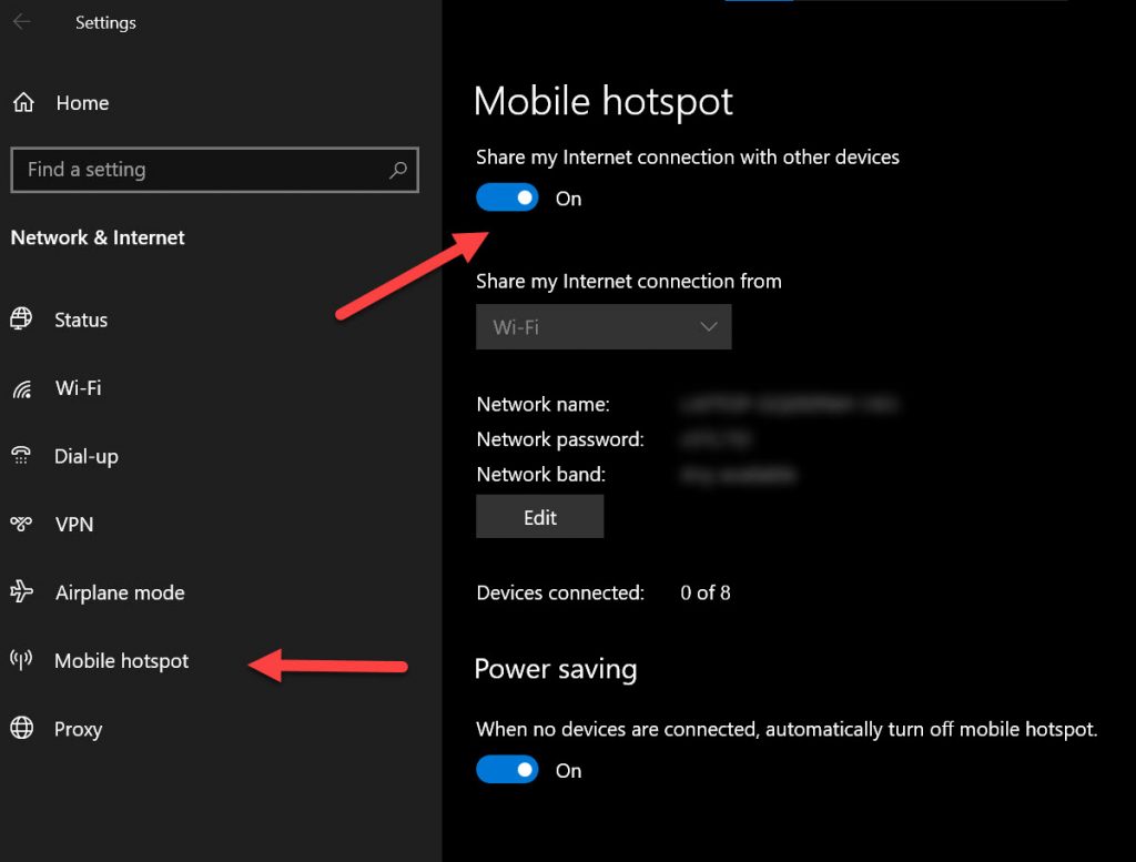 Activer le point d'accès mobile dans les paramètres Windows