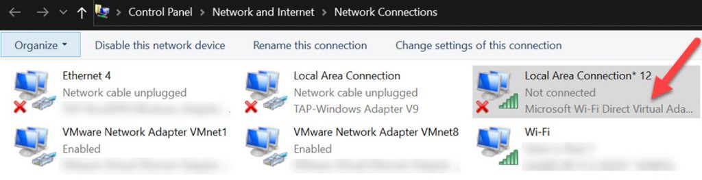 Liste des adaptateurs réseau Windows avec le Wi-Fi Direct Virtual