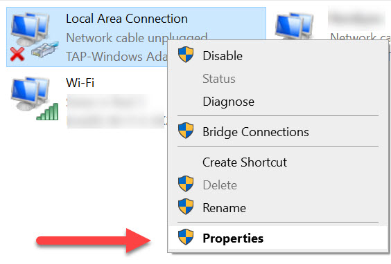 Clic droit Propriétés sur l'adaptateur TAP-Windows du VPN