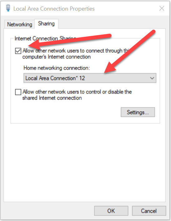 Onglet Partage des propriétés de l'adaptateur VPN