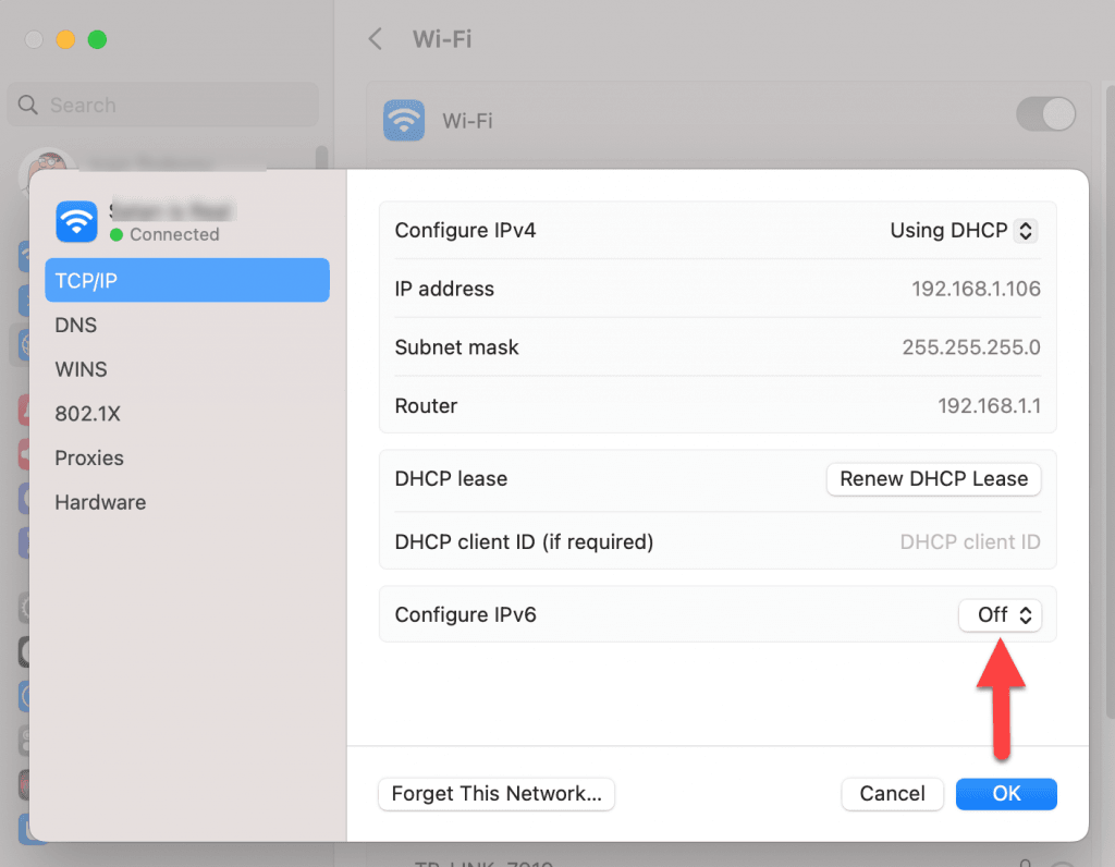 IPv6 désactivé dans Réglages Système → Réseau → TCP/IP sur macOS
